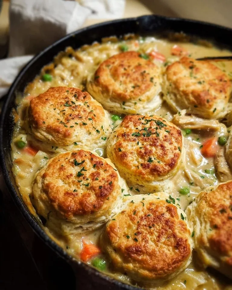 Delicious Chicken Pot Pie with Biscuits served in a rustic dish