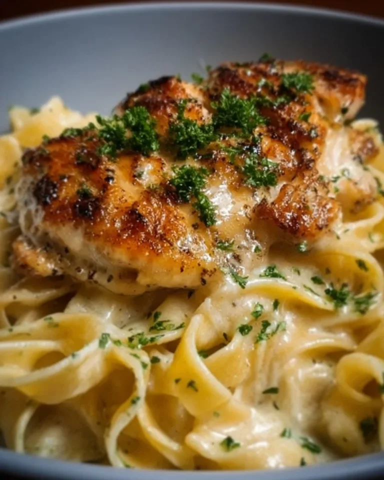 Plate of chicken served with buttered noodles, garnished with herbs.