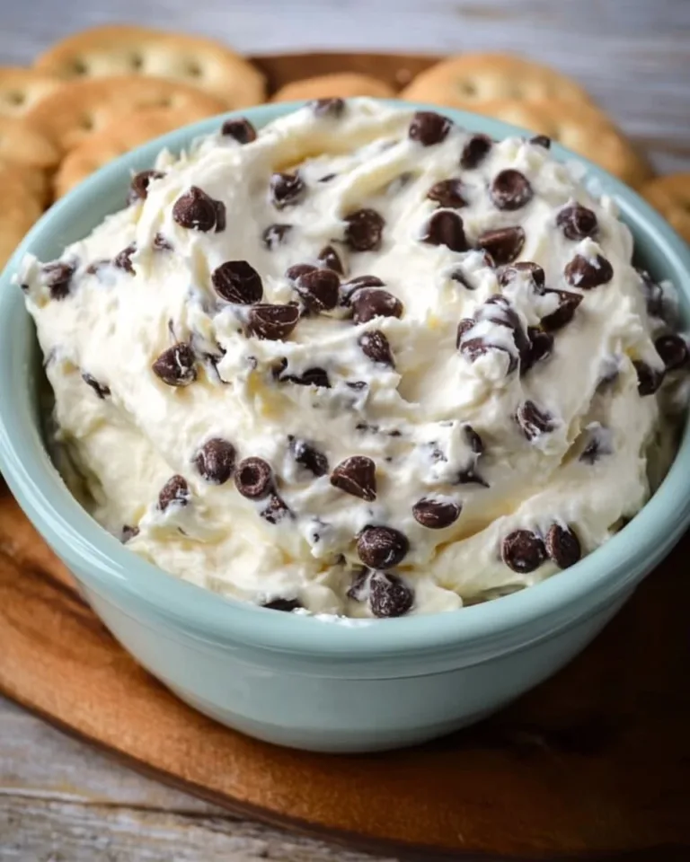 Delicious Chocolate Chip Cheesecake Dip served in a bowl with chocolate chips on top.