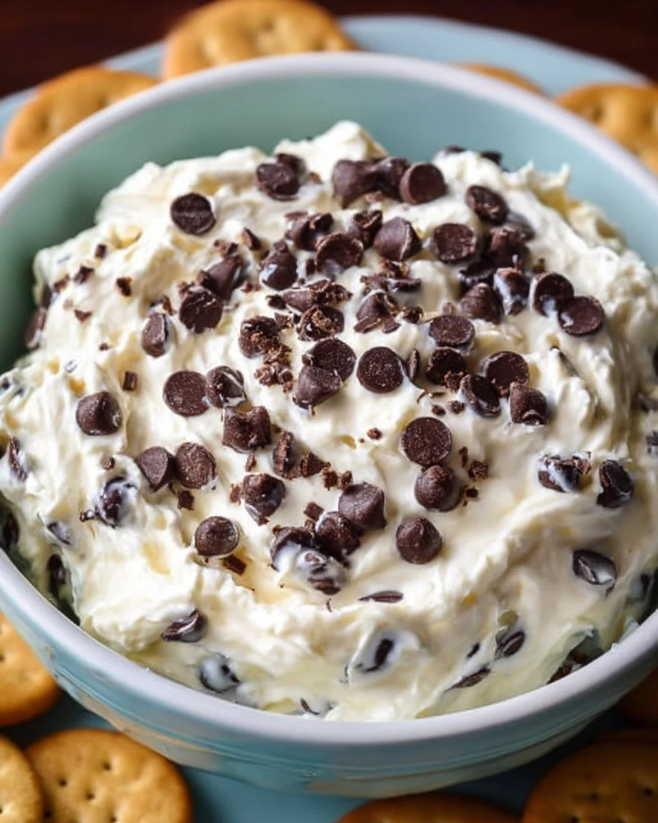 Delicious chocolate chip cheesecake dip served in a bowl with graham crackers