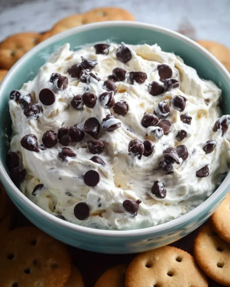 Delicious chocolate chip cheesecake dip served in a bowl with fresh fruit and graham crackers.