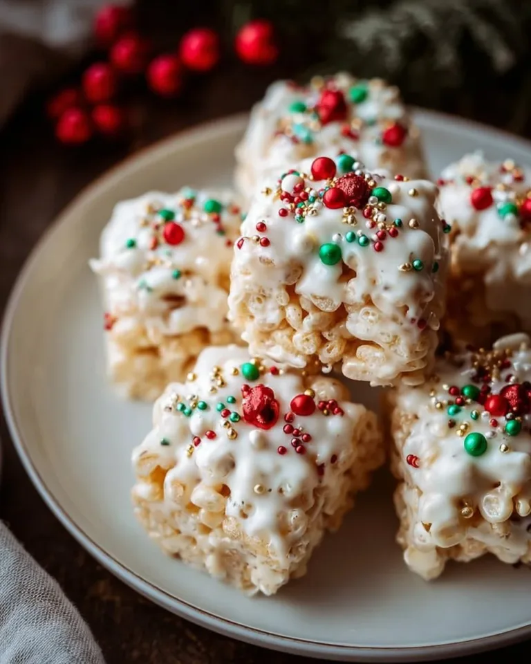 Delicious Christmas Rice Crispy Treats decorated with festive colors and shapes.