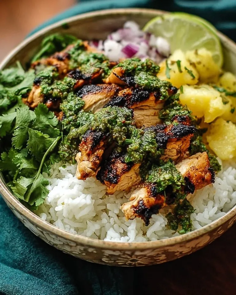 Cilantro Chicken and Rice Bowl with colorful vegetables and spices.