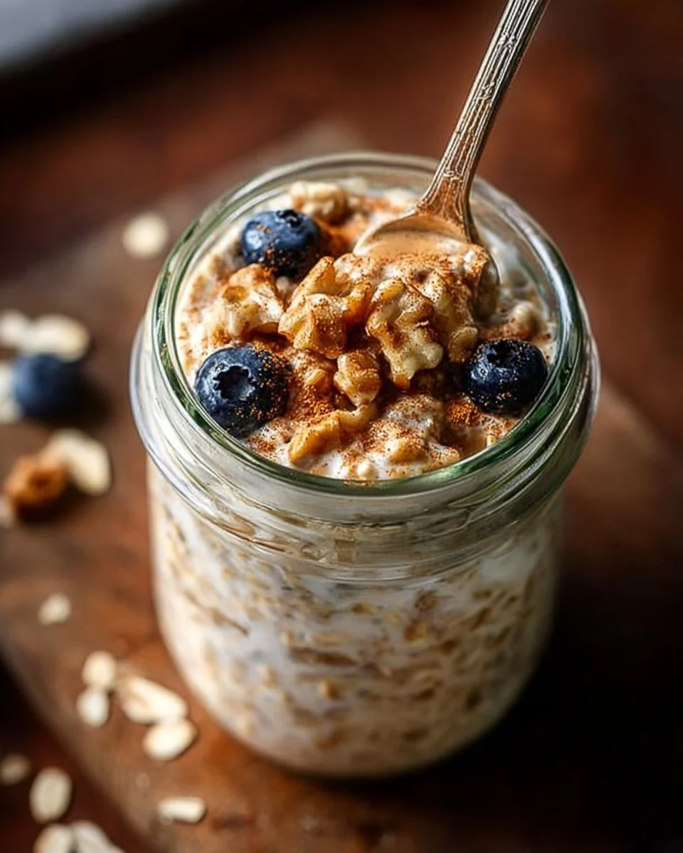 Bowl of cinnamon vegan overnight oats topped with fruits and nuts