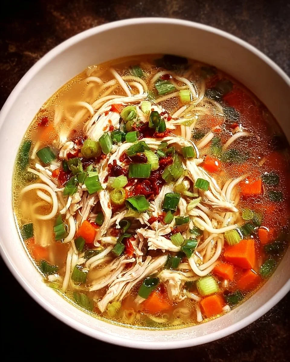 Bowl of Classic Ginger Garlic Chicken Noodle Soup with fresh herbs and spices.
