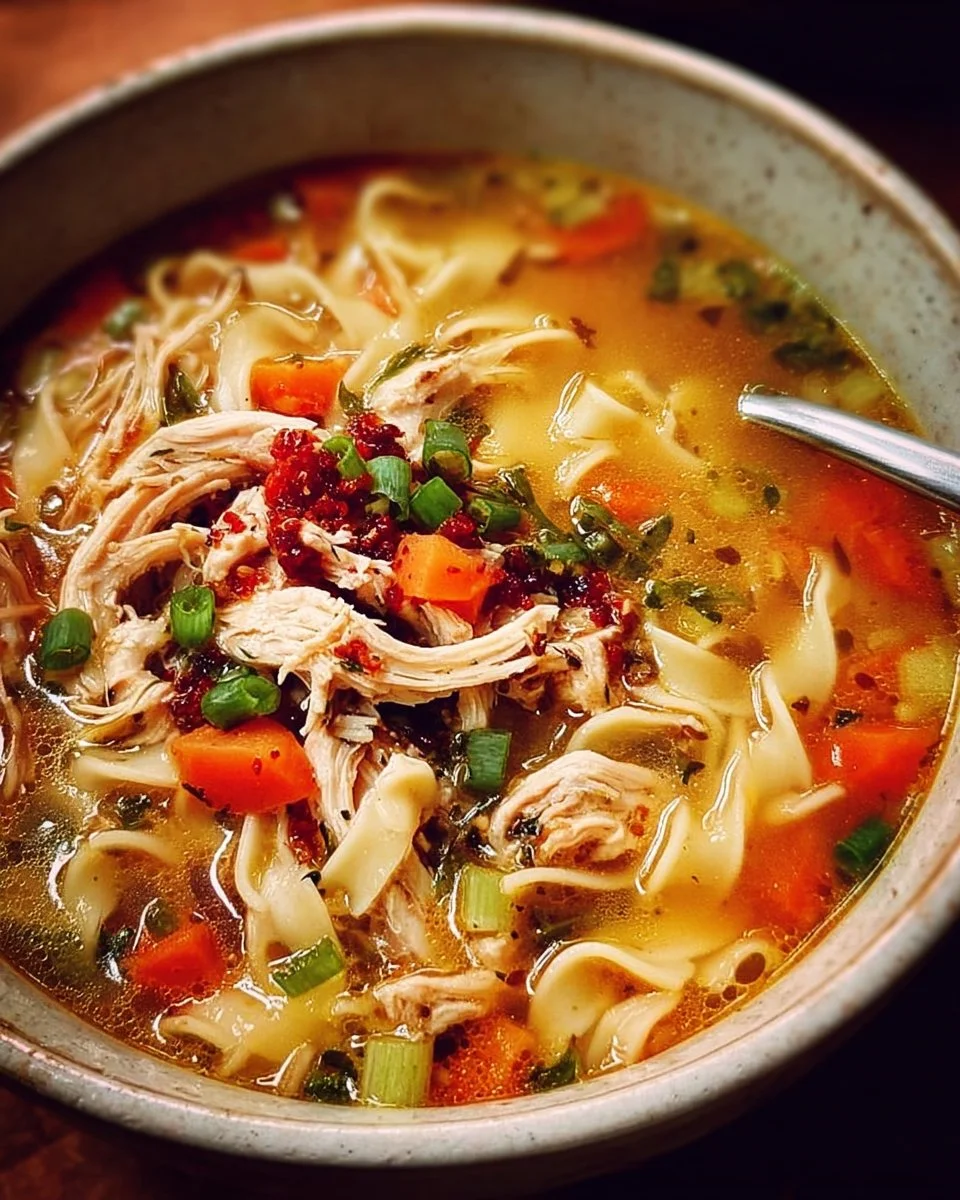 Bowl of Classic Ginger Garlic Chicken Noodle Soup with fresh ingredients