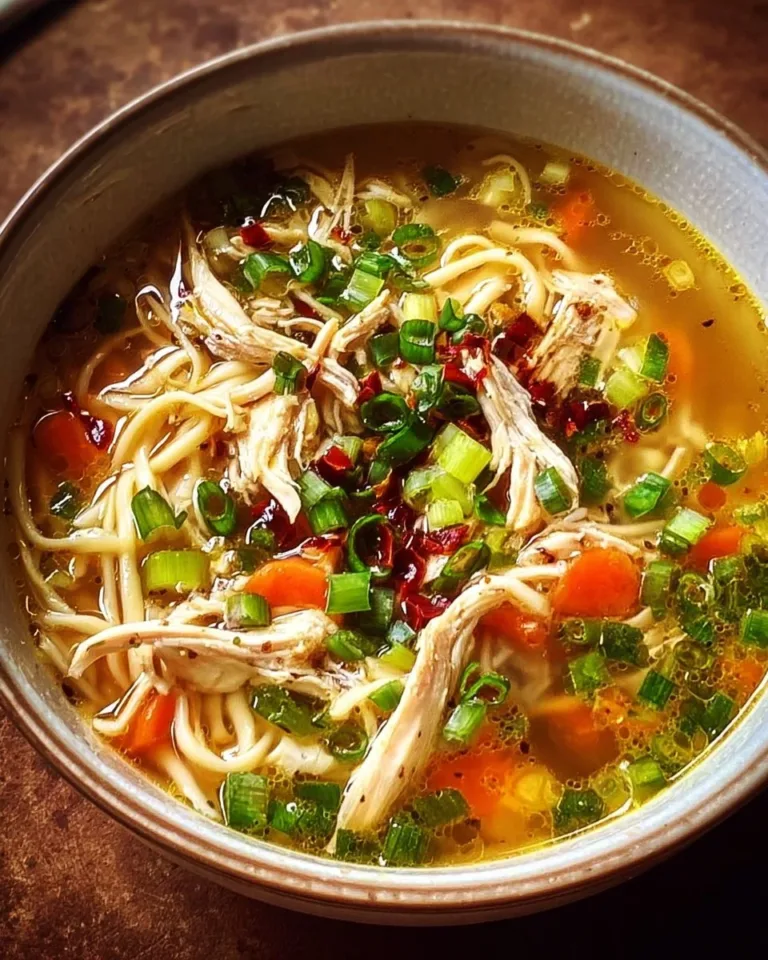 Bowl of Classic Ginger Garlic Chicken Noodle Soup garnished with herbs