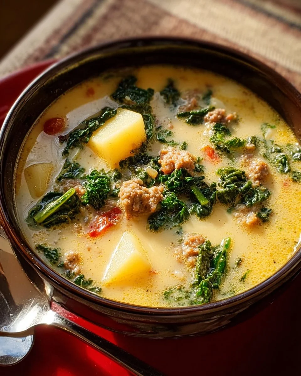 A bowl of comforting Crockpot Zuppa Toscana soup with fresh vegetables and sausage
