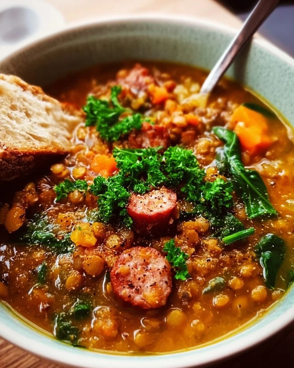 A bowl of comforting lentil and sausage soup garnished with fresh herbs.