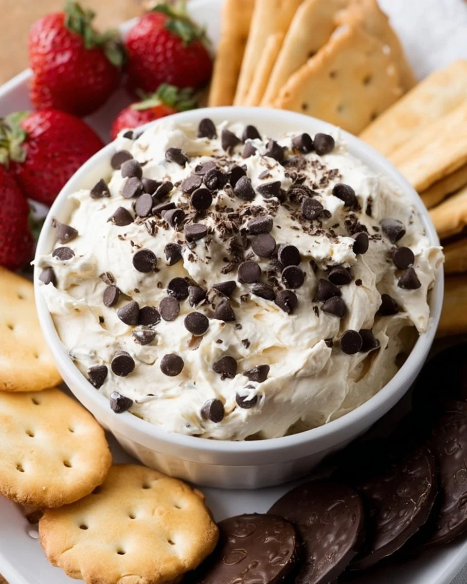 Delicious cream cheese chocolate chip dip served in a bowl with crackers.