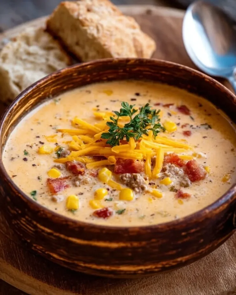 Creamy Cowboy Soup served in a rustic bowl with fresh herbs