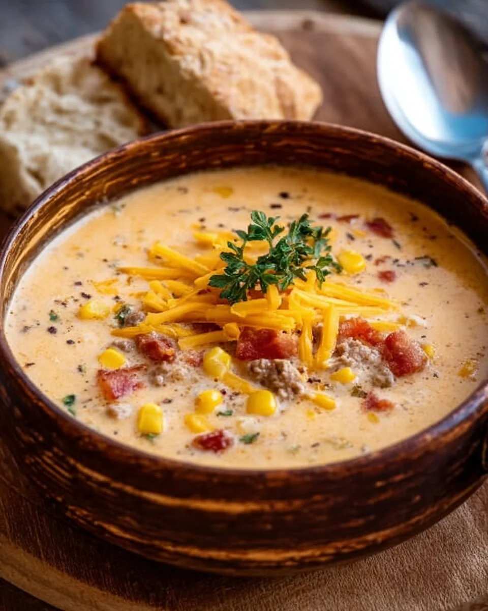 Creamy Cowboy Soup served in a rustic bowl with fresh herbs