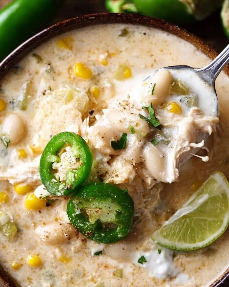 Bowl of creamy crockpot white chicken chili topped with cilantro and corn