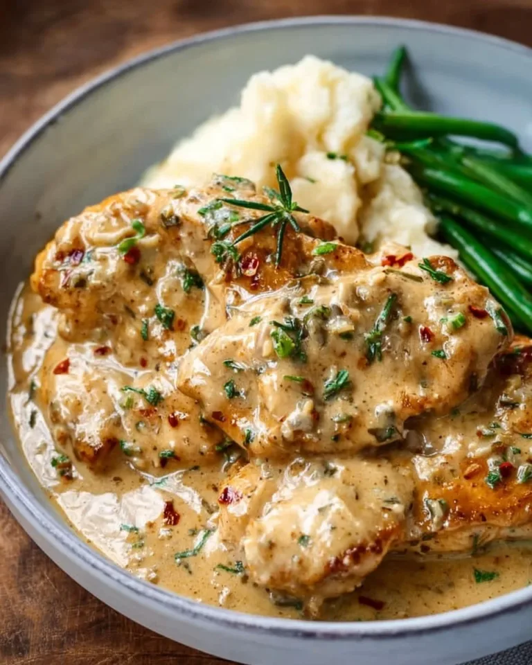 Creamy garlic chicken served with herbs and vegetables