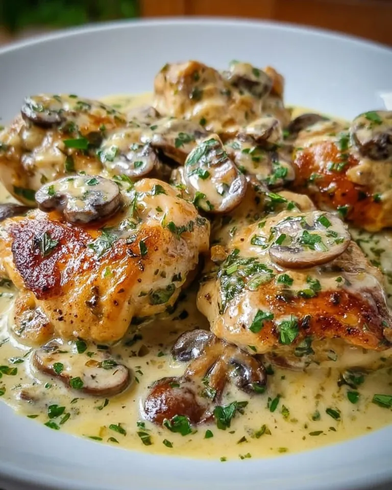 Creamy garlic mushroom chicken thighs served with fresh herbs on a plate.