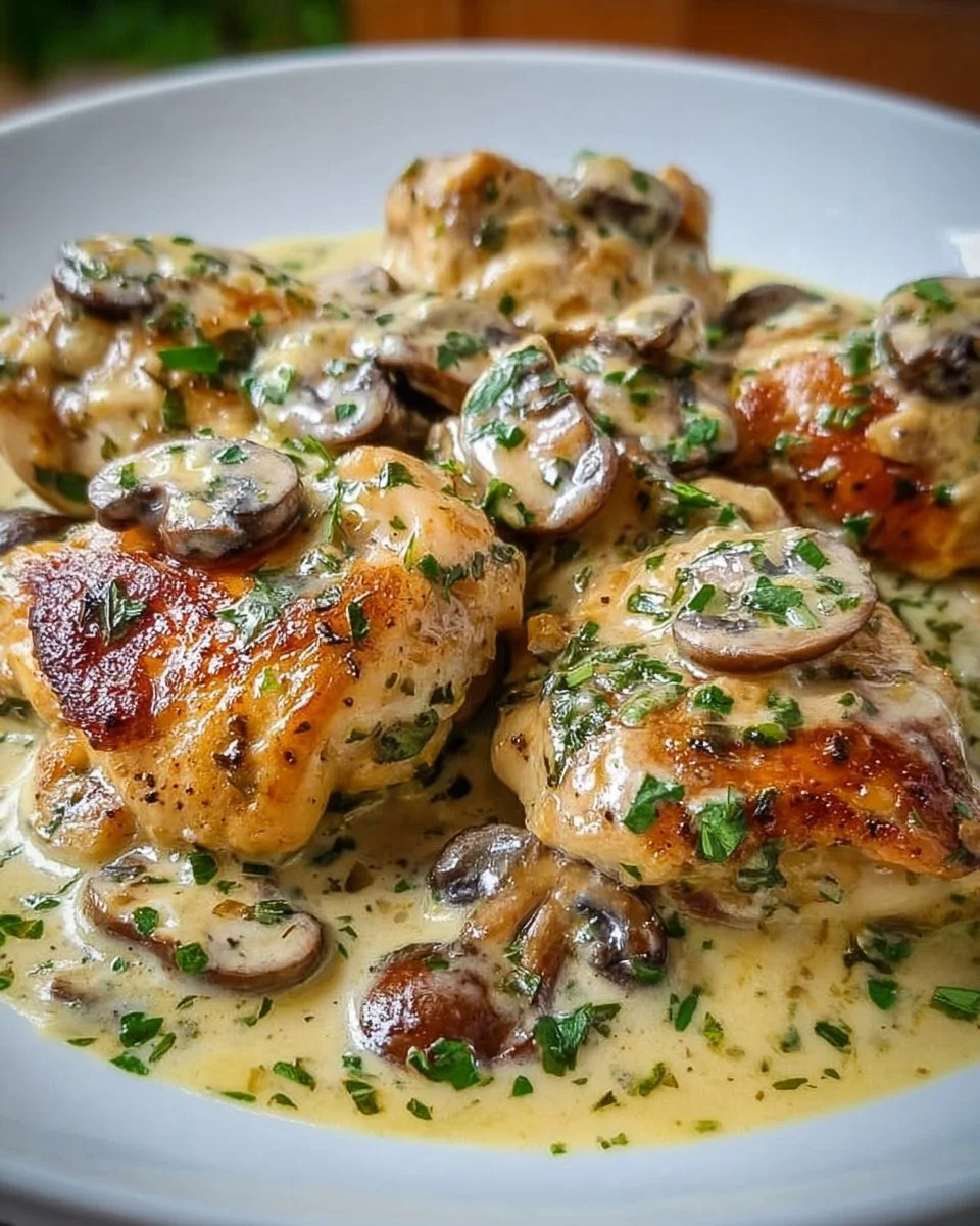 Creamy garlic mushroom chicken thighs served with fresh herbs on a plate.