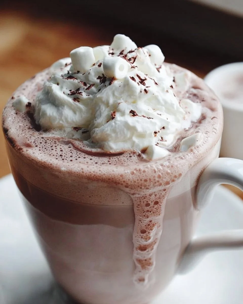 Cup of creamy hot chocolate topped with whipped cream and chocolate shavings