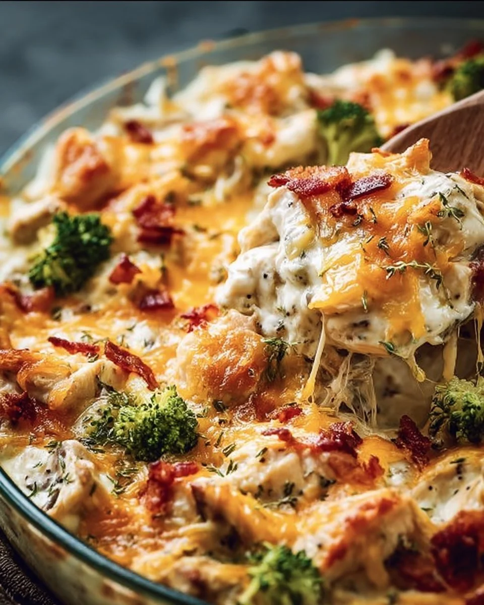 Creamy low carb chicken casserole topped with cheese and herbs in a baking dish