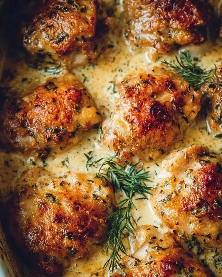 Creamy oven baked chicken thighs, a delicious and tender dinner recipe