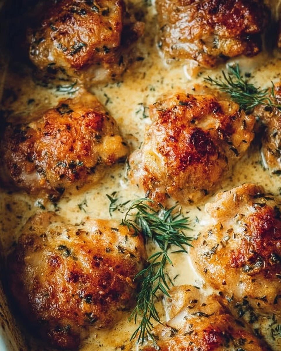 Creamy oven baked chicken thighs, a delicious and tender dinner recipe