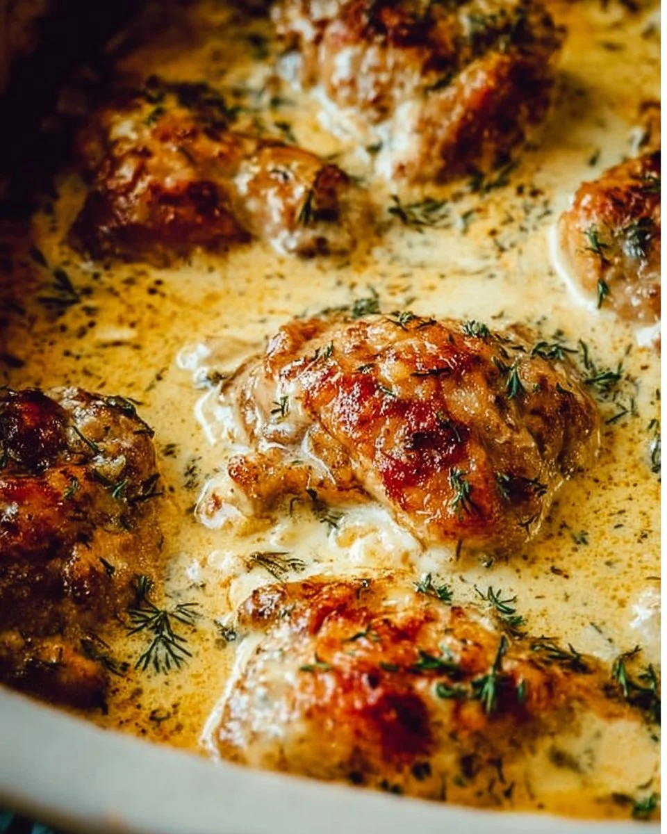 Creamy oven baked chicken thighs served with herbs and vegetables