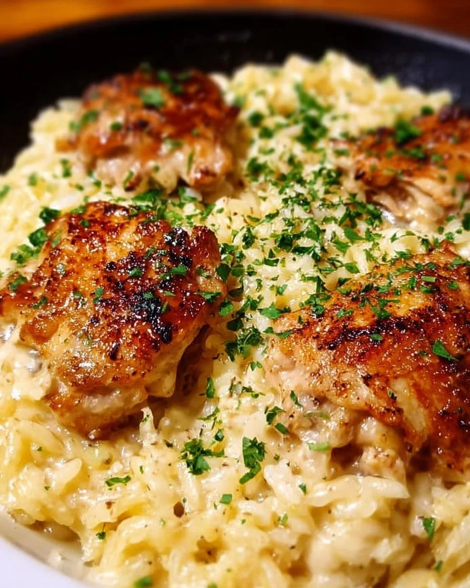 Creamy Parmesan chicken thighs served with rice for a delicious meal