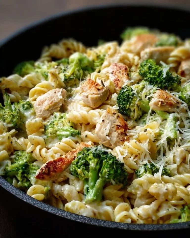 Creamy rotisserie chicken and broccoli pasta dish garnished with parmesan cheese