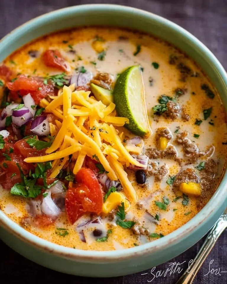 Delicious creamy taco soup garnished with toppings in a bowl