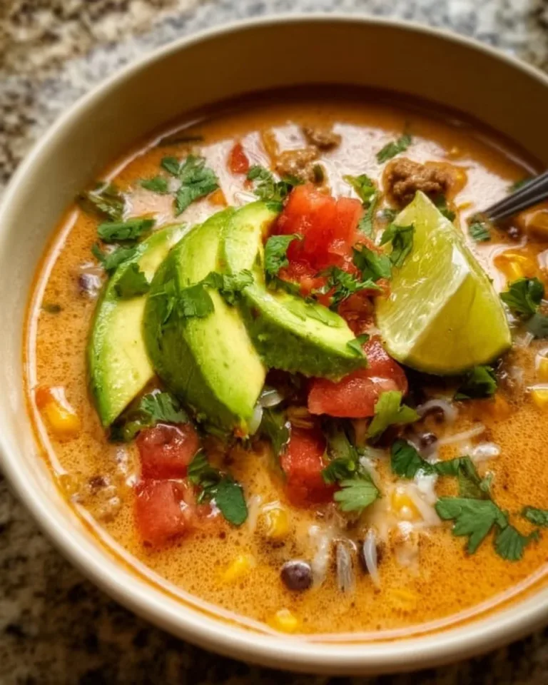 Creamy taco soup garnished with fresh toppings in a rustic bowl