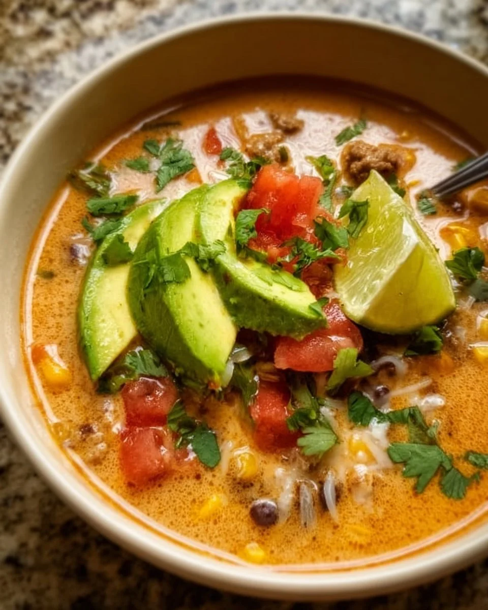 Creamy taco soup garnished with fresh toppings in a rustic bowl