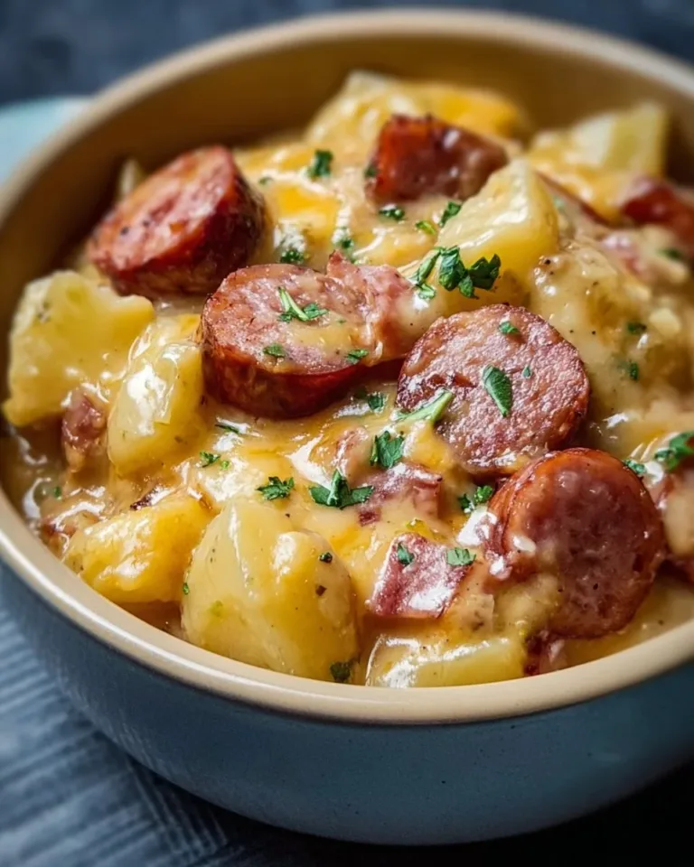 Crockpot cheesy potatoes and kielbasa dish served in a bowl.