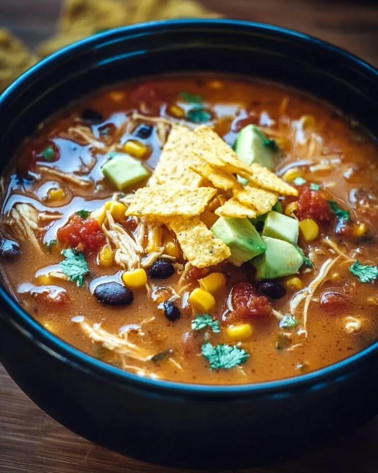 A bowl of Crockpot Chicken Tortilla Soup garnished with tortilla strips and cilantro