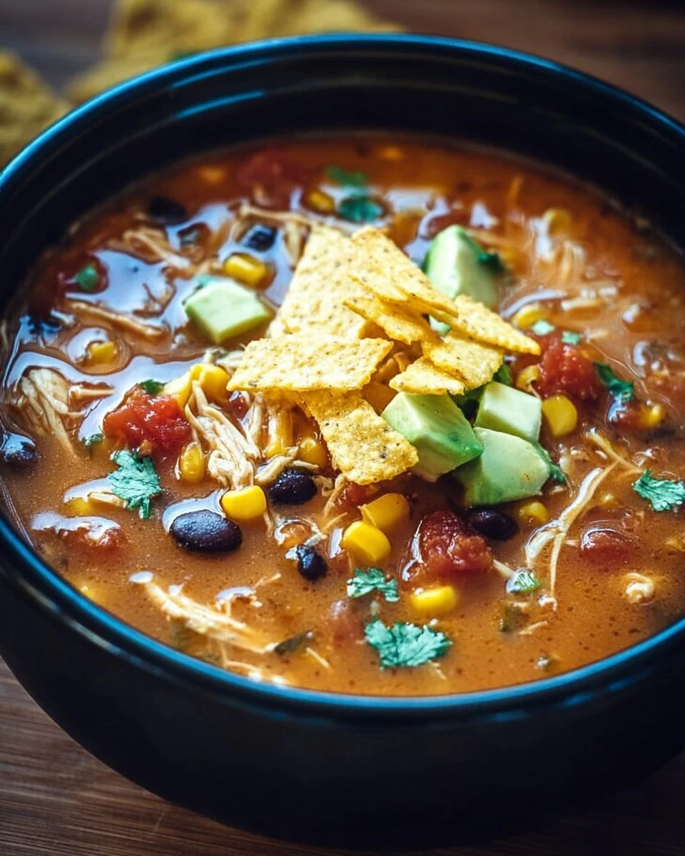 A bowl of Crockpot Chicken Tortilla Soup garnished with tortilla strips and cilantro