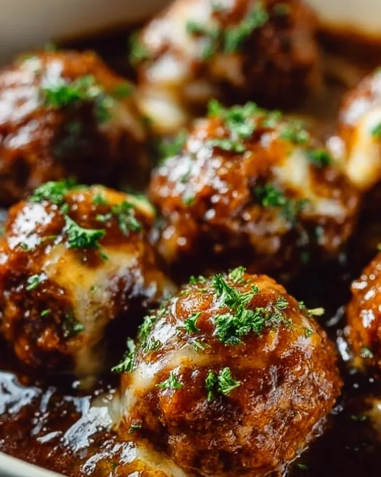 Crockpot French Onion Meatballs served with melted cheese and herbs.