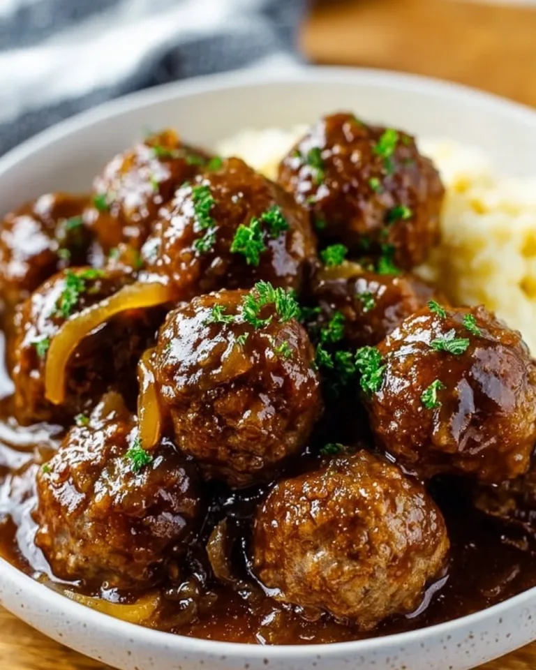 Delicious Crockpot French Onion Meatballs served in a bowl