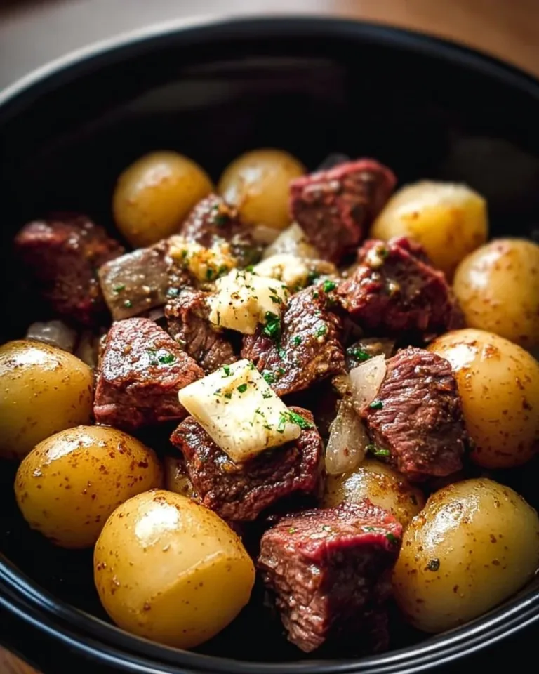 Crockpot garlic butter beef bites with tender potatoes in a delicious sauce.