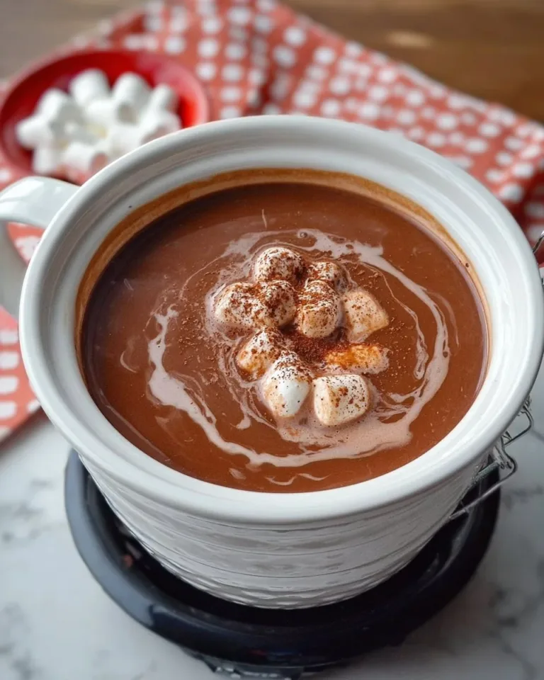 A warm cup of Crockpot Hot Chocolate topped with whipped cream and chocolate shavings.