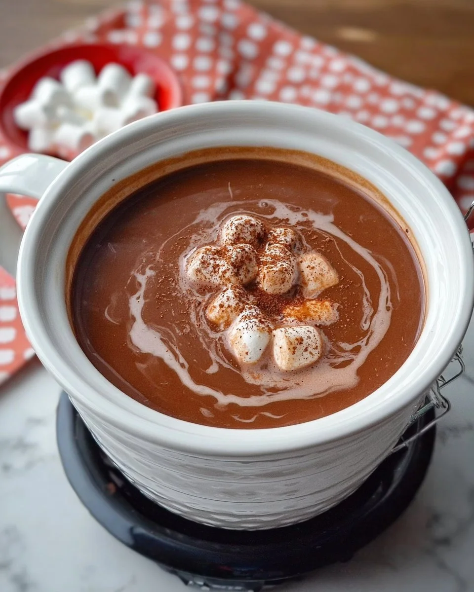 A warm cup of Crockpot Hot Chocolate topped with whipped cream and chocolate shavings.