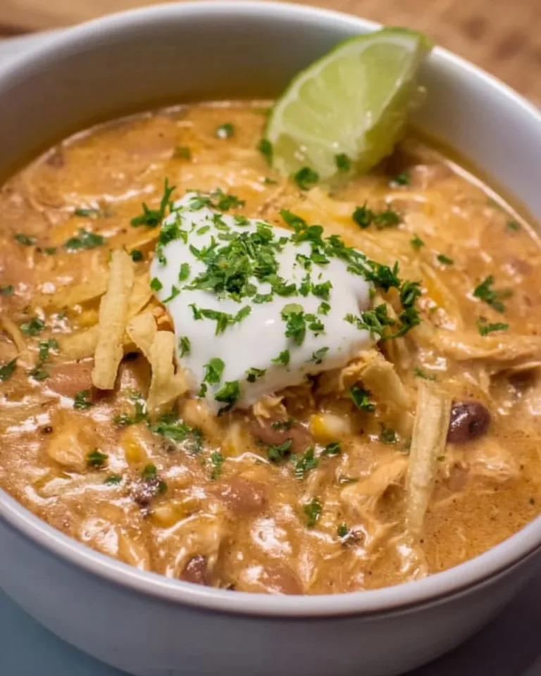 Delicious Crockpot White Chicken Chili with Cream Cheese topped with herbs.
