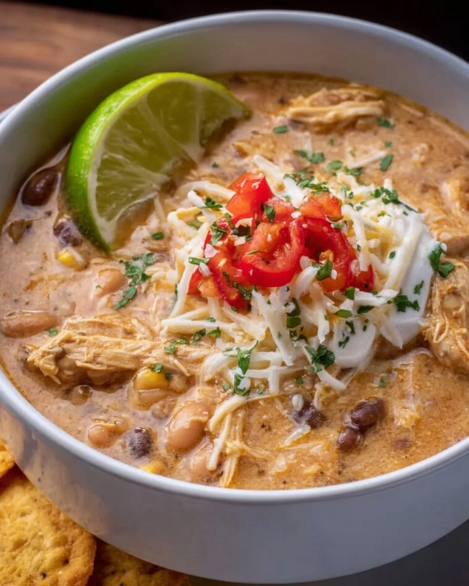 Bowl of creamy Crockpot white chicken chili with cream cheese