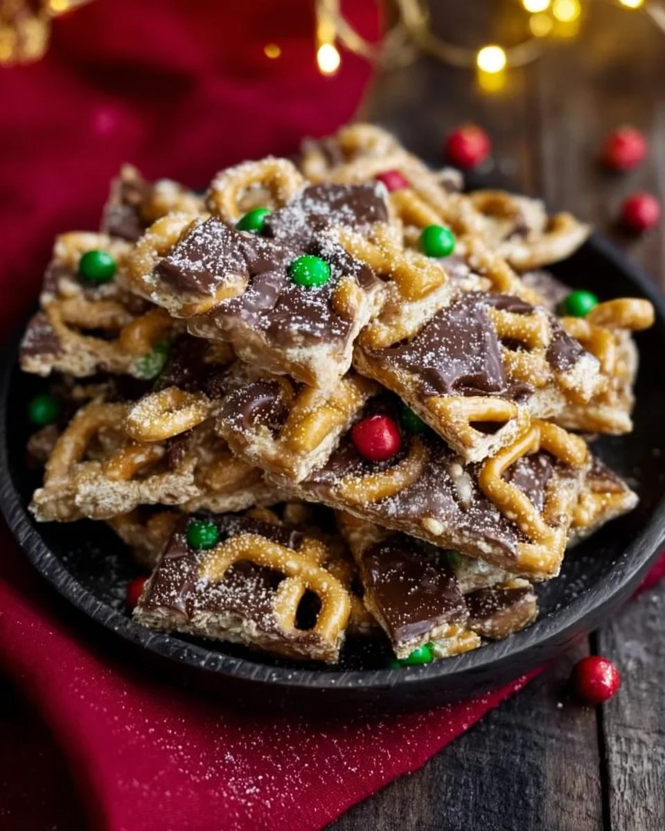 Delicious crunchy sweet Christmas crack treat on a festive plate