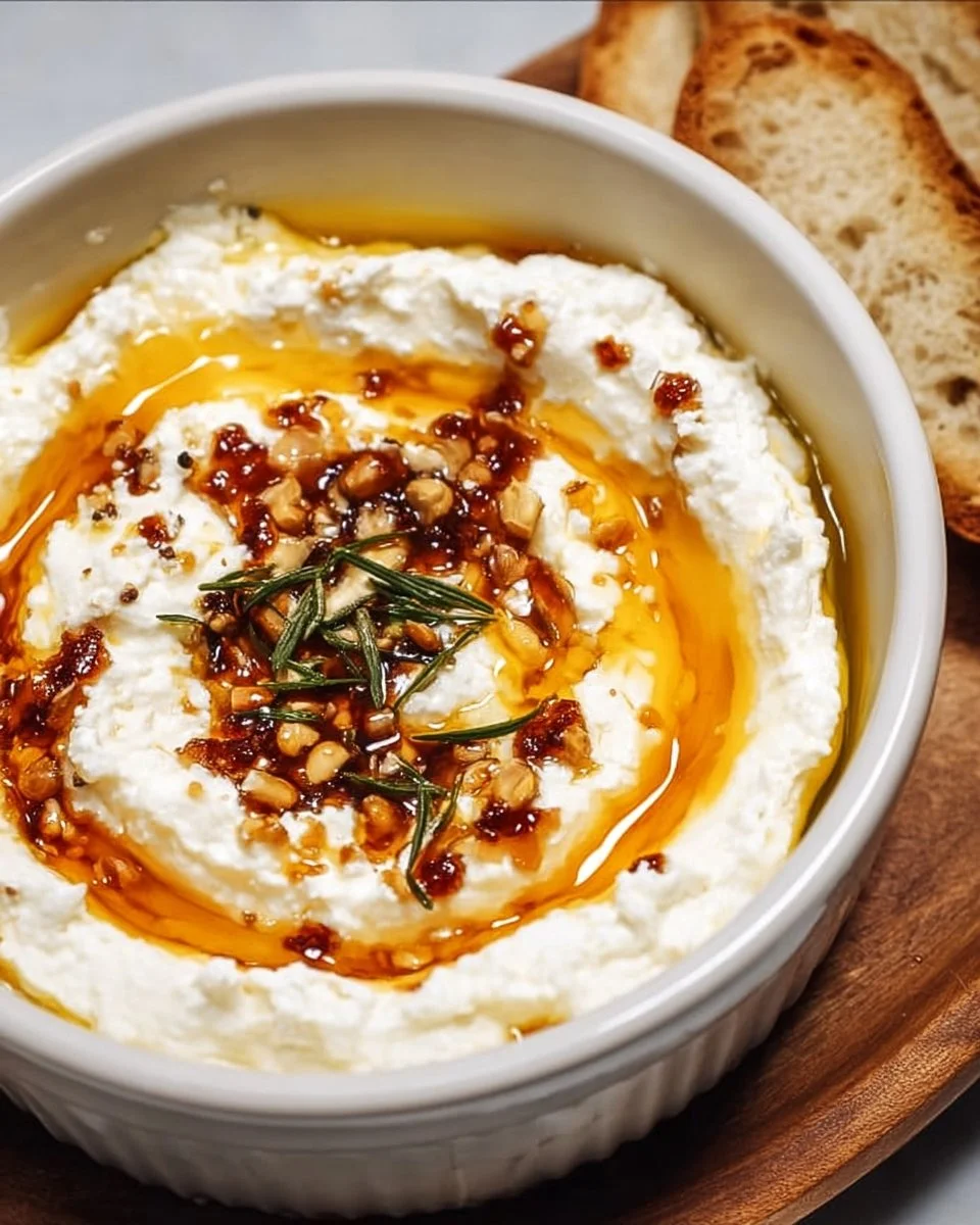 Delicious homemade ricotta dip with hot honey drizzled on top