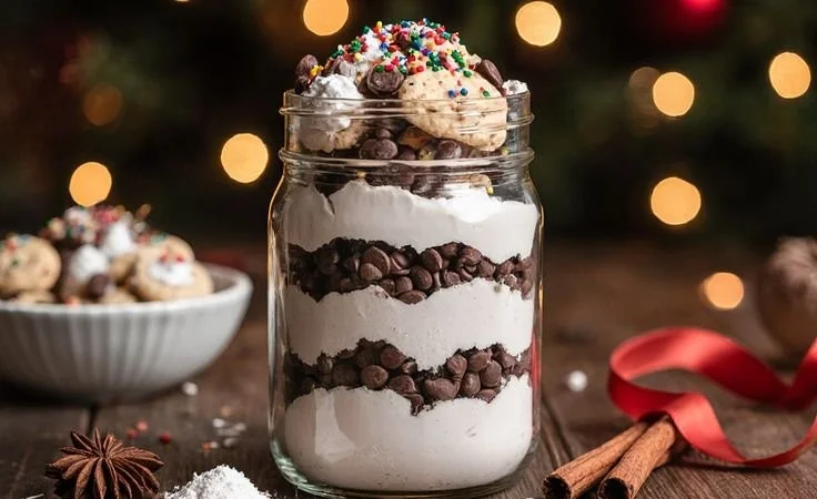DIY Christmas cookie mix ingredients in a decorative jar