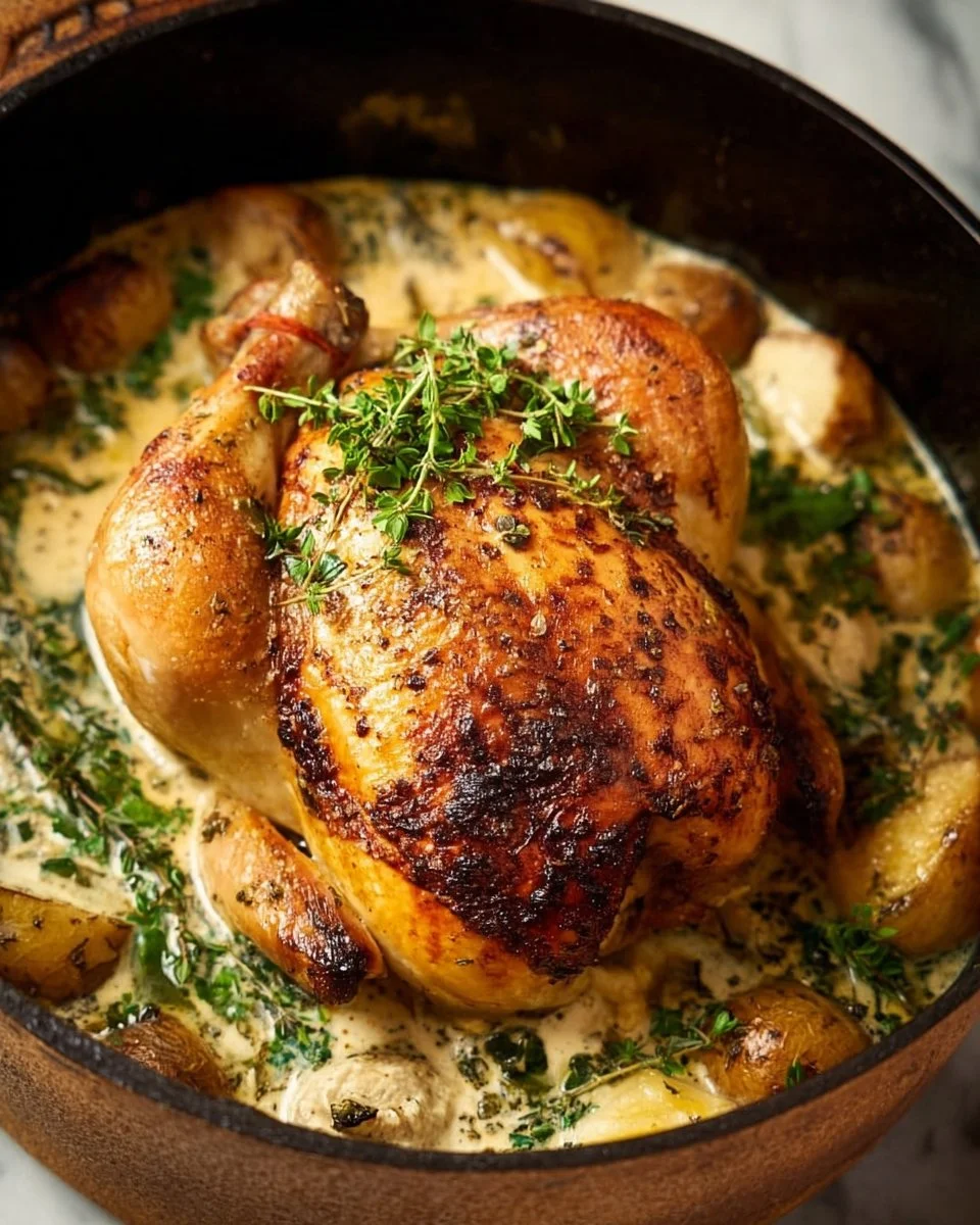 Dutch Oven Roast Chicken served with a creamy sauce on a dinner plate