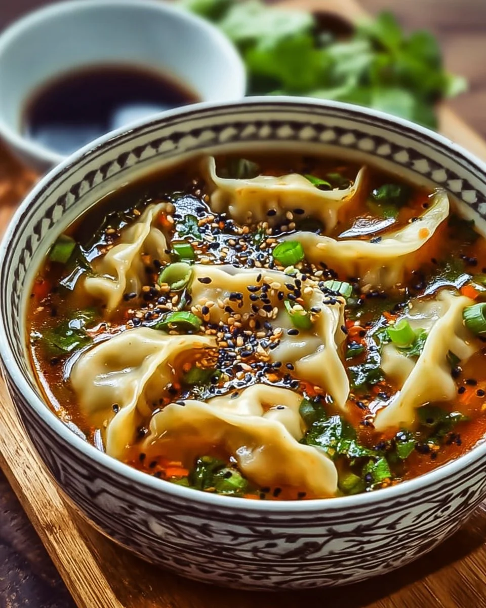 Bowl of easy Asian dumpling potsticker soup with fresh herbs