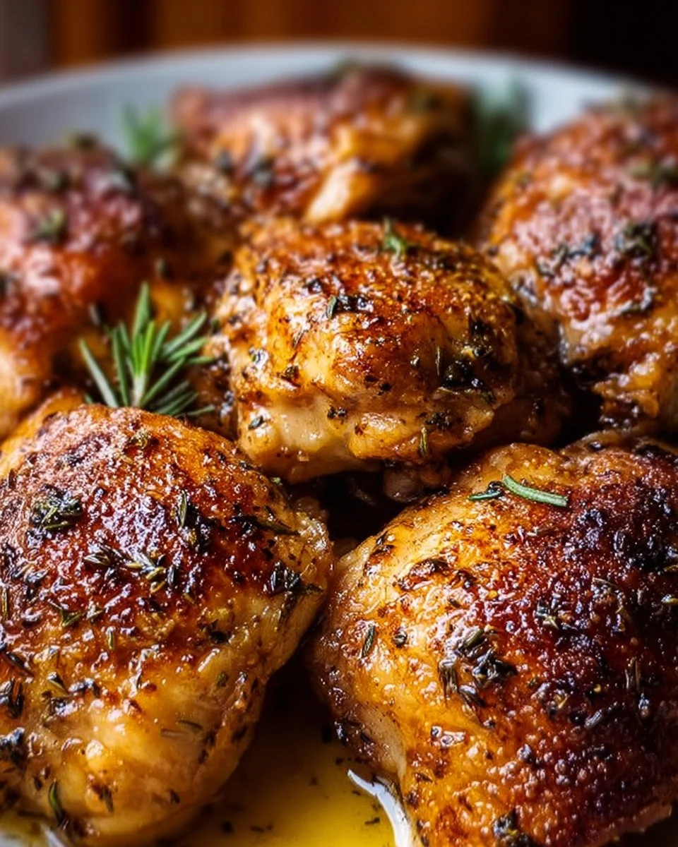 Plated easy baked boneless skinless chicken thighs with herbs and spices