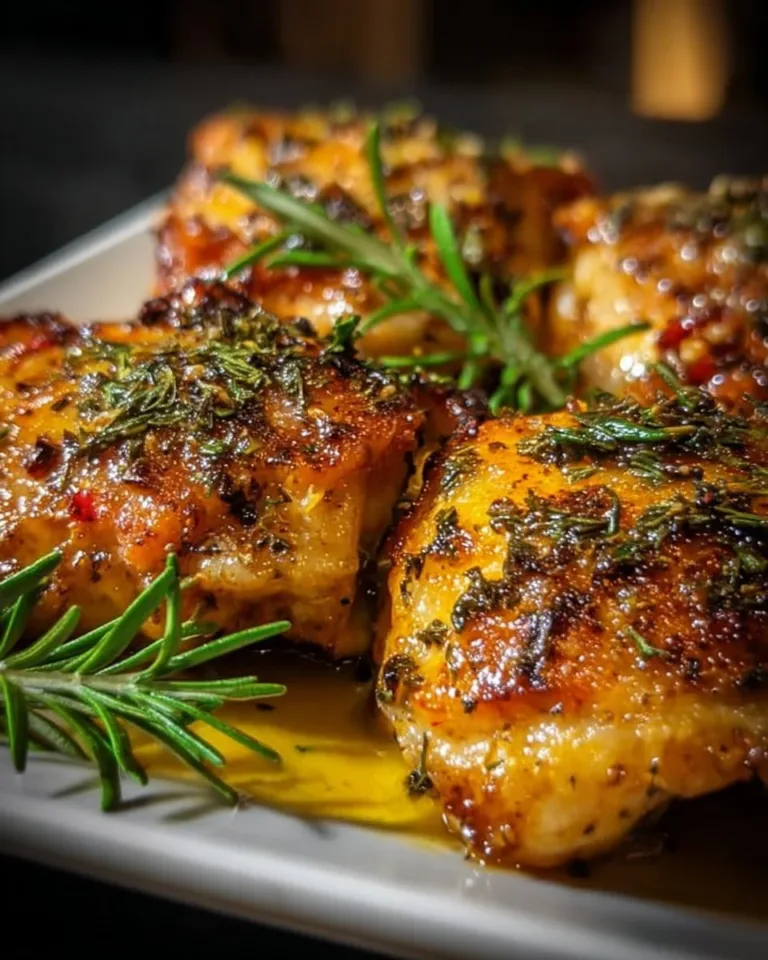 Deliciously baked chicken thighs served on a plate with herbs and spices.