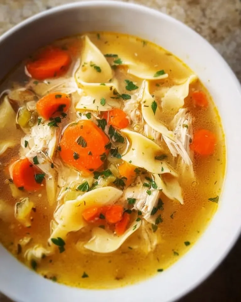Bowl of easy chicken noodle soup with vegetables and herbs