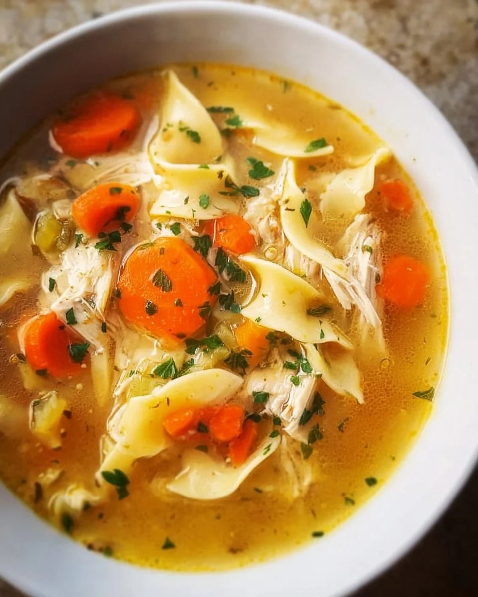 Bowl of easy chicken noodle soup with vegetables and herbs