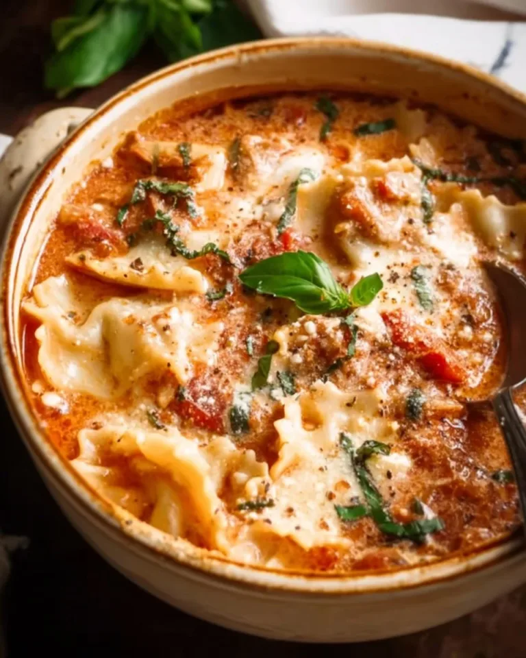 Bowl of easy creamy lasagna soup topped with cheese and herbs.